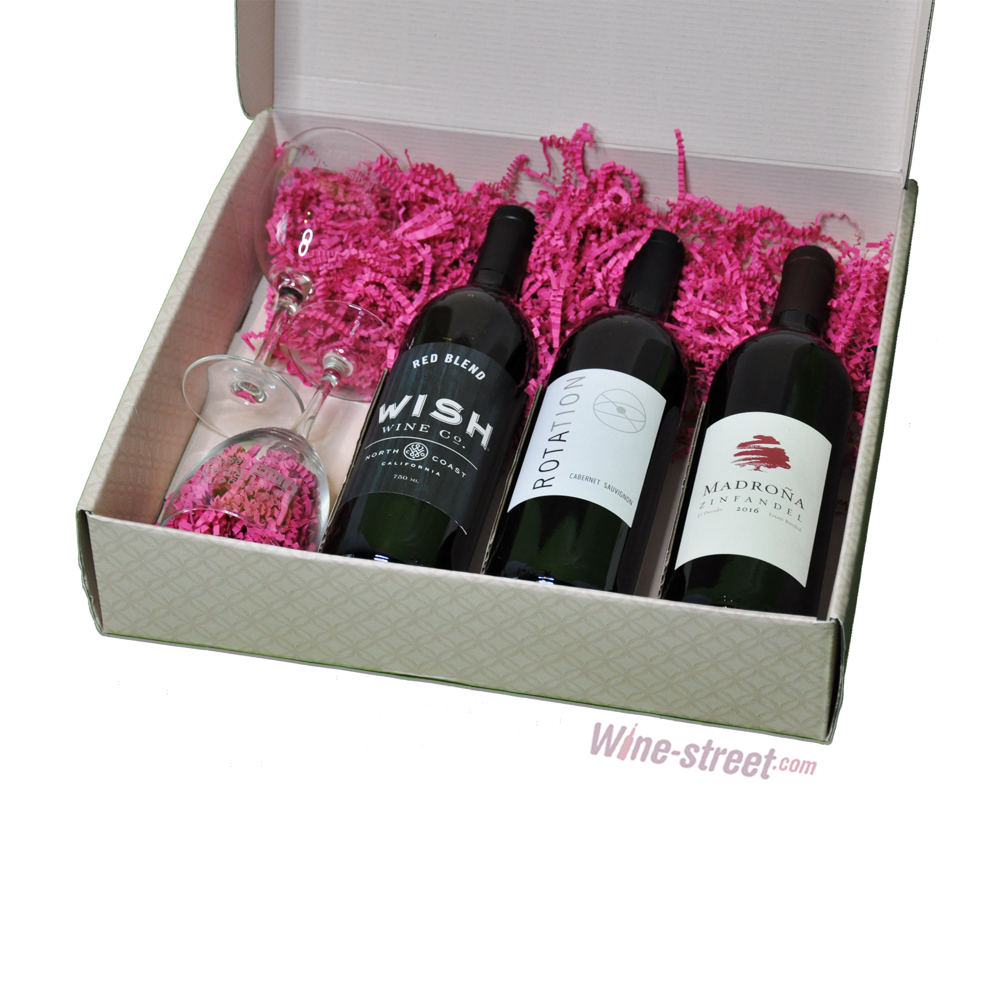 Domestic CA Red assortment Box #1 : 3 Bottles of Light/Medium Body + 2 Free  Wine glasses + Gift Box